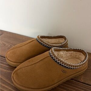 UGG Chestnut Suede Slippers with Patterned Trim